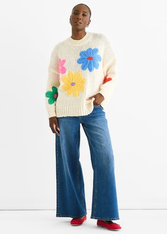 Crème Floral Haak Chunky Gebreide Oversized Trui