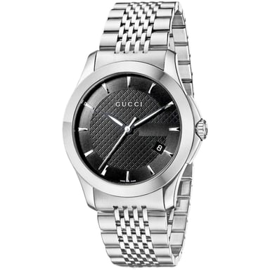 Gucci G-Timeless YA126402 Herenhorloge met zwarte wijzerplaat en zilveren armband