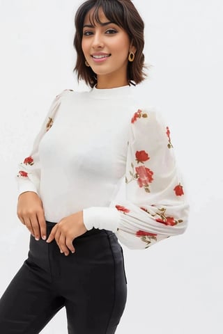 Floral Mesh Puff Sleeve Top