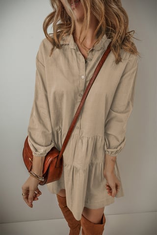 Tan Puff Sleeve Knopjes Gerimpelde Tiered Shirt Mini Jurk