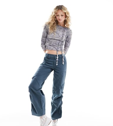 Återvunnen Vintage 3/4 denim topp med snedhals