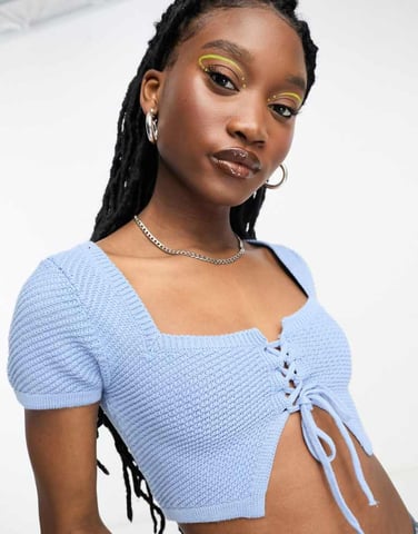 Cotton On nyckelhålstickad off shoulder crop top i blått