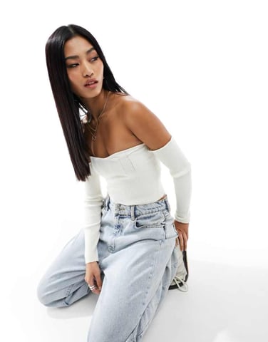 Miss Selfridge bandeau topp med avtagbara ärmar i krämfärg