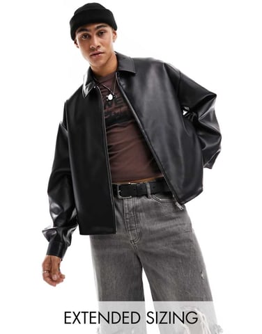 ASOS DESIGN oversized kort faux läder harringtonjacka i svart
