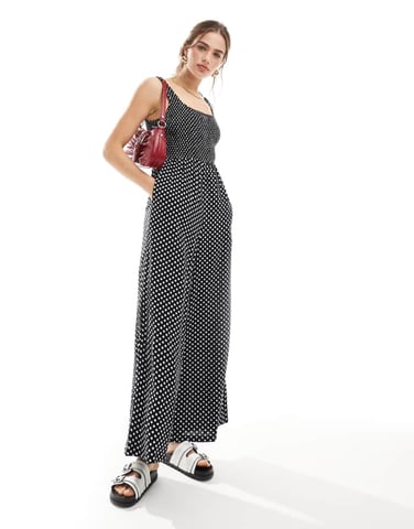 ASOS DESIGN scoop neck löst sittande jumpsuit i monokrom pricktryck