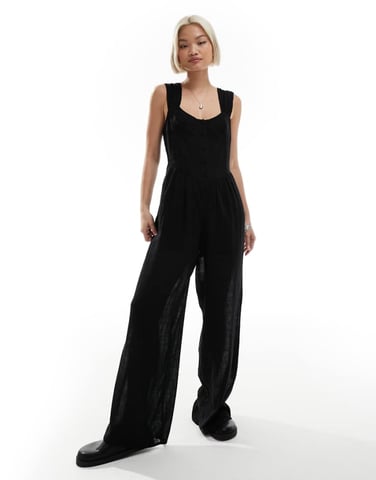 Återvunnen vintage jumpsuit med bystdetalj i svart