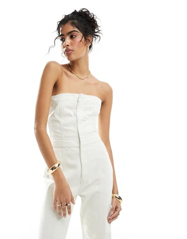 ASOS DESIGN strapless denim jumpsuit i off white