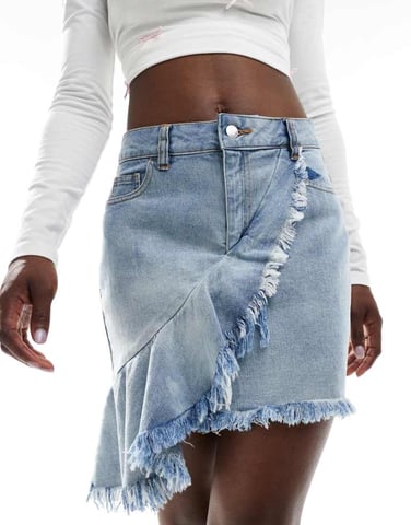 Miss Selfridge asymmetrisk volang denim mini kjol i mellanblåtvätt