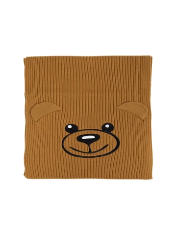 Gebreide sjaal met geborduurd teddybeermotief