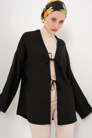 Linnenmix Lange Mouw Kimono met Binding Detail