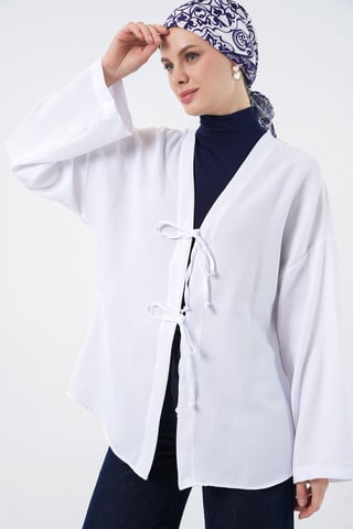 Linnenmix Lange Mouwen Kimono met Binding Detail
