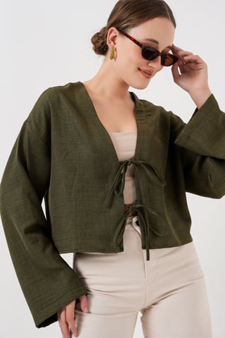 Viscose Blend V-Hals Lange Mouw Kimono met Binding Detail