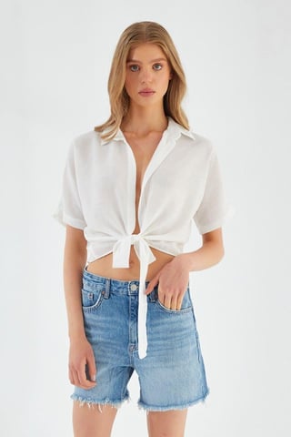 V-hals Touwsluiting Slim Fit Cropped Shirt