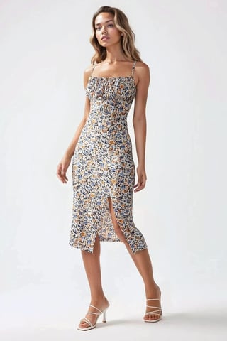 Allover Bloemendruk Bodycon Midi Jurk met Split