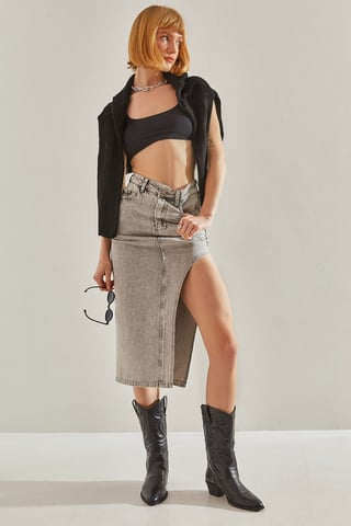 Hooggetailleerde Midi Denim Rok met Splits