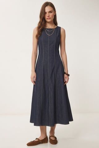 A-lijn Midi Denim Jurk met Ronde Hals