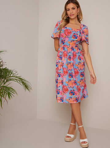 Petite Square Neck Floral Midi Dress in Multi