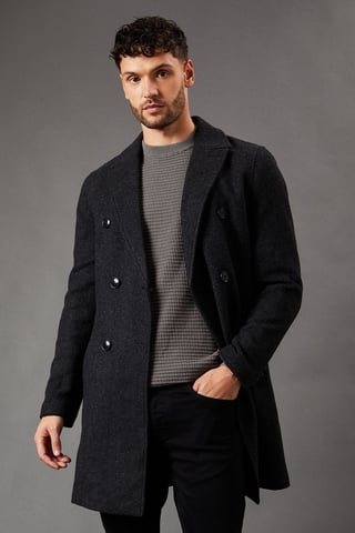 Charcoal Double Breasted Wool Blend Coat
