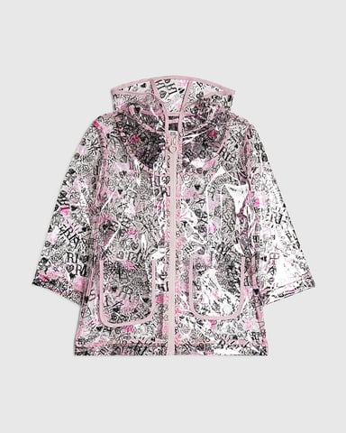 River Island Mini-regenjas voor meisjes, zwart met graffiti-print, capuchon en ritssluiting