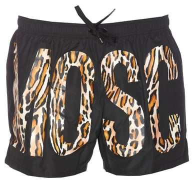 Moschino zwarte korte zwemshort met luipaardprint en logo