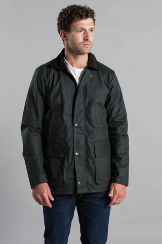 Olive Cotton Wax Jacket With Corduroy Collar