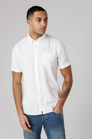 White Linen Blend Short Sleeve Chest Pocket Shirt