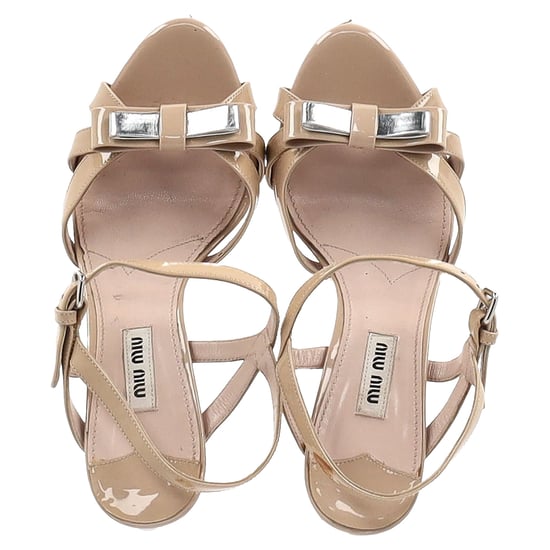 Miu Miu Bow Detail Ankle Strap Crystal Heel Sandals in Nude Patent Leather - Image 3