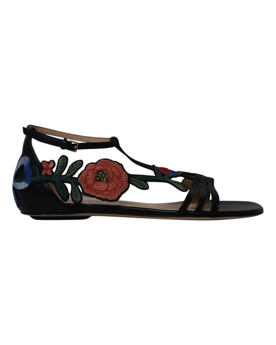 Gucci Ophelia Bloem-geborduurde Hoofdsandalen in Zwart Leer - Image 1