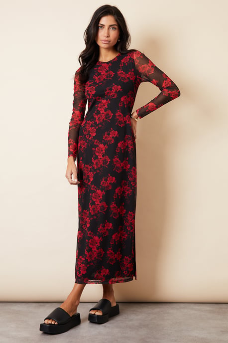 Black 'Blooming' Printed Long Sleeve Mesh Midi Dress