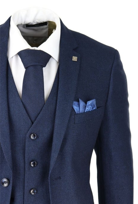Heren 3-delige marineblauwe birdseye tweed klassieke pak - Image 5