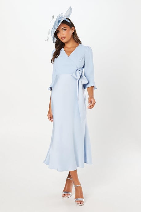 Ruffle Sleeve Satin Back Crepe Wrap Dress