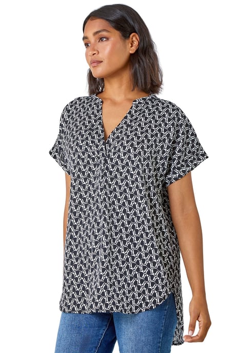 Abstract Print Woven Pleat Front V-Neck Top