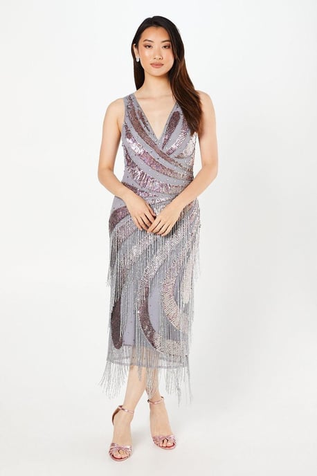 Hand Embellished Fringe Sequin Midi Dress