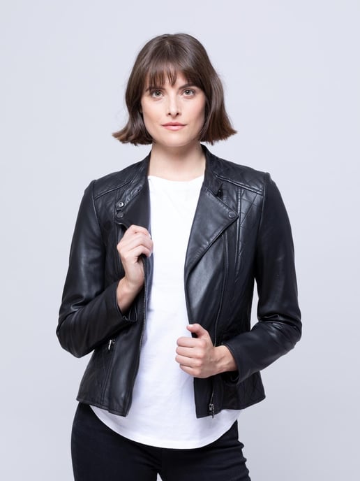 Penny Quilted Leather Biker Jacket in Black