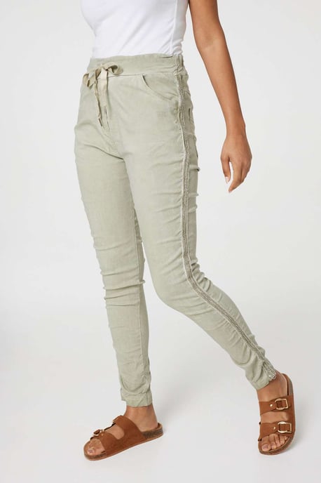 Khaki Denim Embellished Side Jeggings