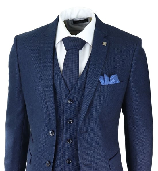 Heren 3-delige marineblauwe birdseye tweed klassieke pak - Image 6