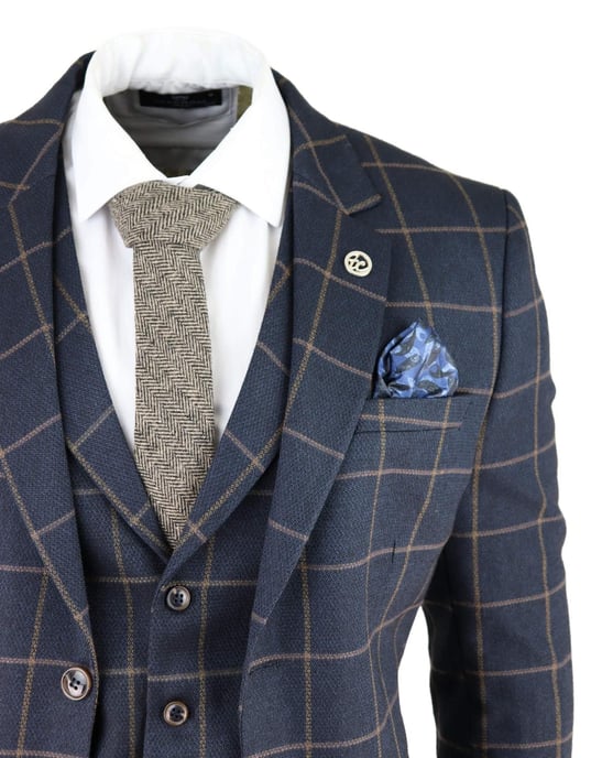 Heren Marineblauwe Geruite 3-delige Tweed Pak Peaky Blinders 1920s Gatsby Tailored Fit - Image 5