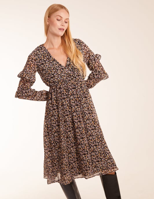 V Neck Frill Sleeve Wrap Midi Dress
