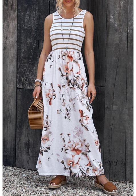 Dames Bloemenprint Mouwloze Maxi Jurk met Zak in Wit - Image 5