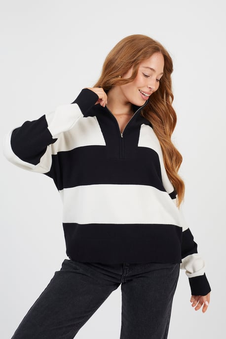 Black Striped Half Zip Knitted Jumper