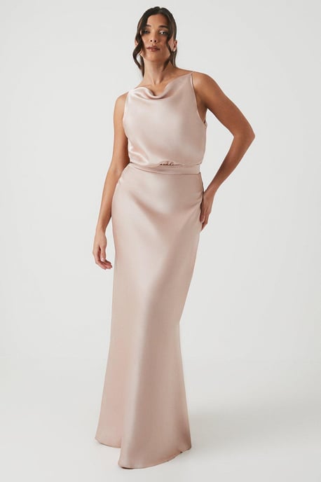 Cowl Neck Blouson Satin Bridesmaids Dress - Image 1