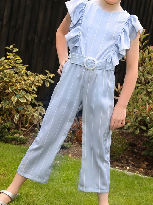 Girls Ruffle Design Striped Belted Jumpsuit in Blue