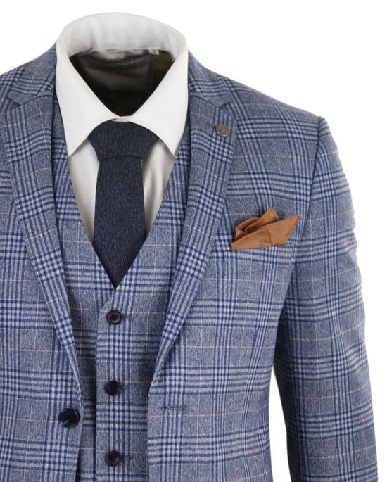 Heren 3-delige Blauw Grijze Tweed Check Vintage Retro Pak - Image 4