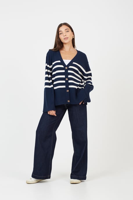 Navy Button Through V-Neck Stripe Cardigan