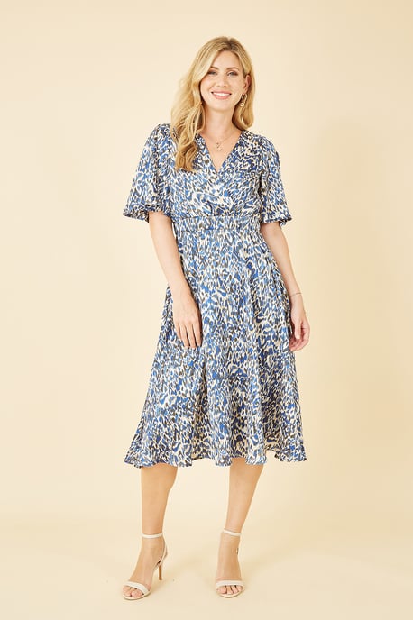 Blue Animal Print Wrap Midi Skater Dress