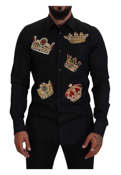 Dolce & Gabbana Heren Zwarte Gouden Kroon Slim Fit Dress Shirt - Image 1