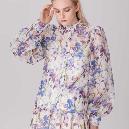 Flower Print Long Sleeve Organza Shirt