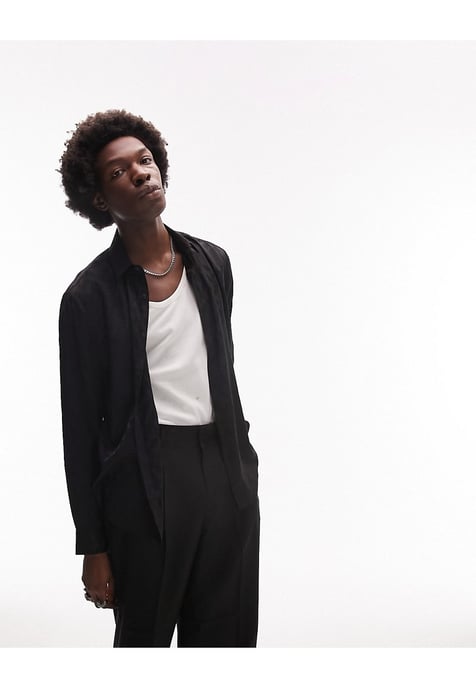 Topman short sleeve regular jacquard satin shirt in black