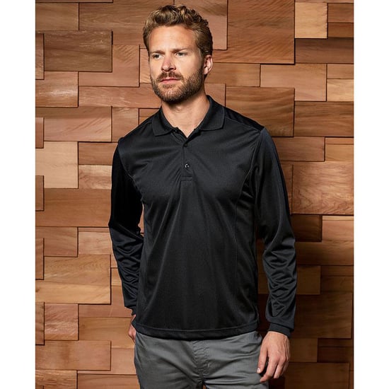 Premier Heren Lange Mouw Coolchecker Pique Polo Shirt (Zwart) - Image 2