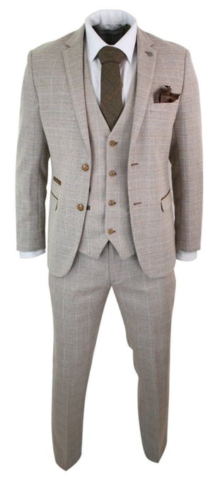 Heren 3-delige Beige Tweed Ruit Vintage Retro Kostuum - Image 4